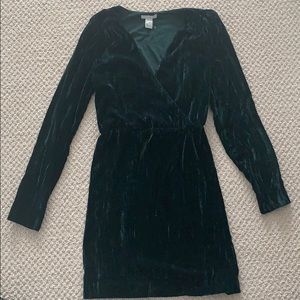 Forest green velvet v-neck dress